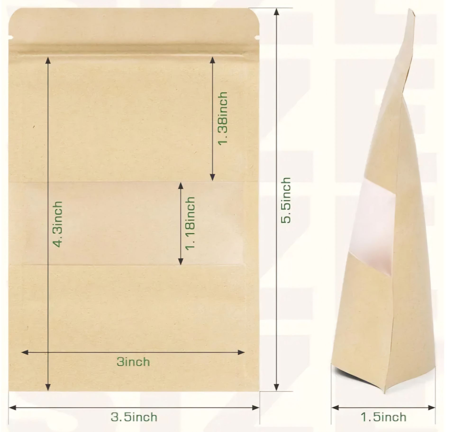 Brown stand-up pouch with dimensions labeled: 3.5