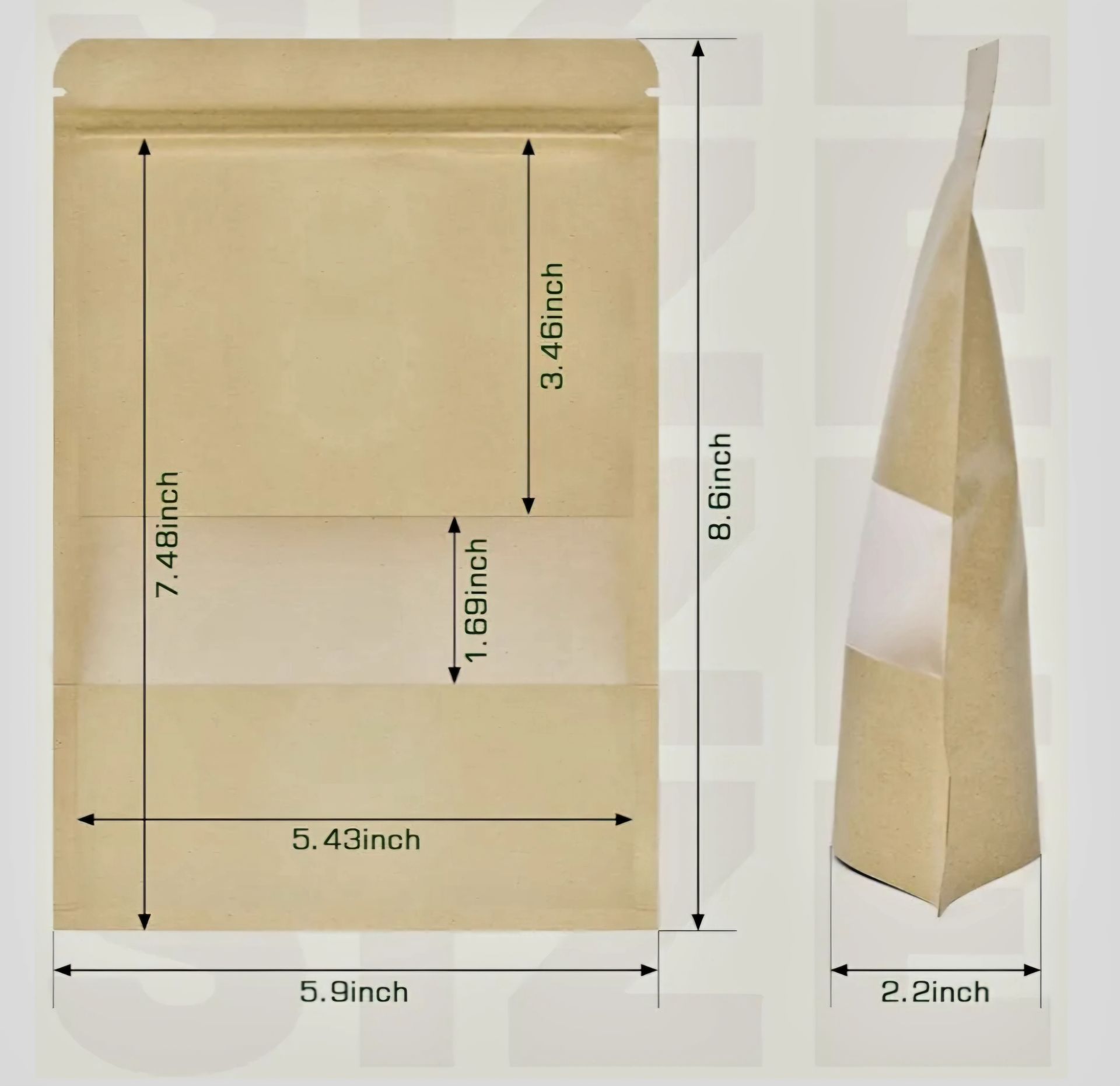Brown paper stand-up pouch with clear window and labeled dimensions: 5.9