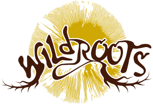 Wildroots logo with stylized brown text over a gold sunburst background; roots extend from the word.