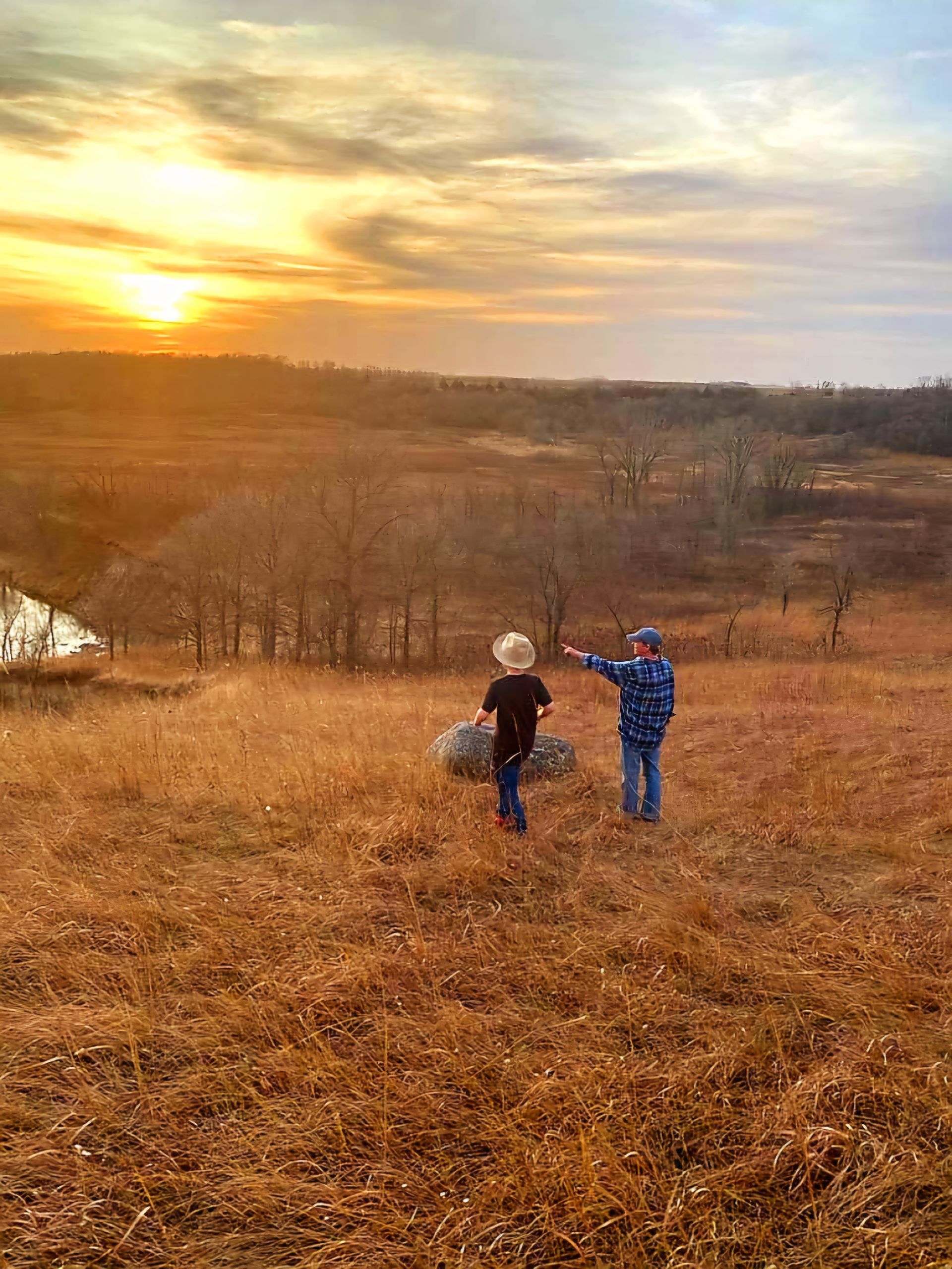 Two figures on a hill watching a sunset. Orange grass, trees, and sky dominate. One points.
