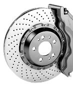 Perforated brake disc and caliper, silver, for a vehicle - Dibble's Auto Center