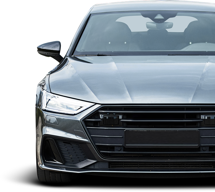 Gray sedan car, front view, black grill, on a white background - Dibble's Auto Center