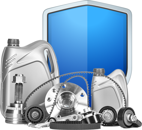 Car parts, including oil, belts, and bearings, grouped in front of a blue shield - Dibble's Auto Center