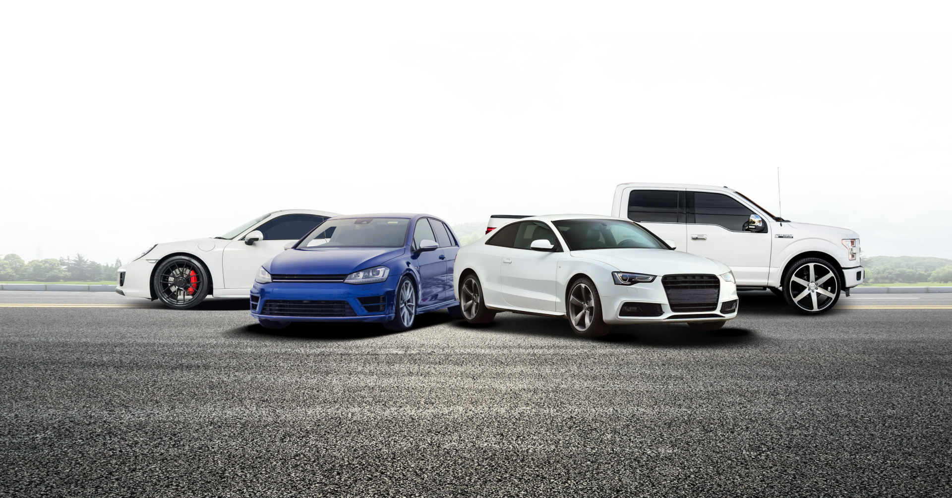 Three cars on a gray road: a dark sedan, a silver SUV, and a white sedan. Overcast sky - Dibble's Auto Center