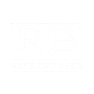 A black and white logo for ray 's tire barn.