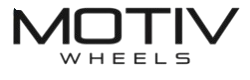 A black and white logo for motiv wheels on a white background