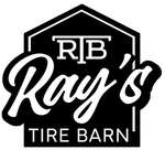 A black and white logo for ray 's tire barn.
