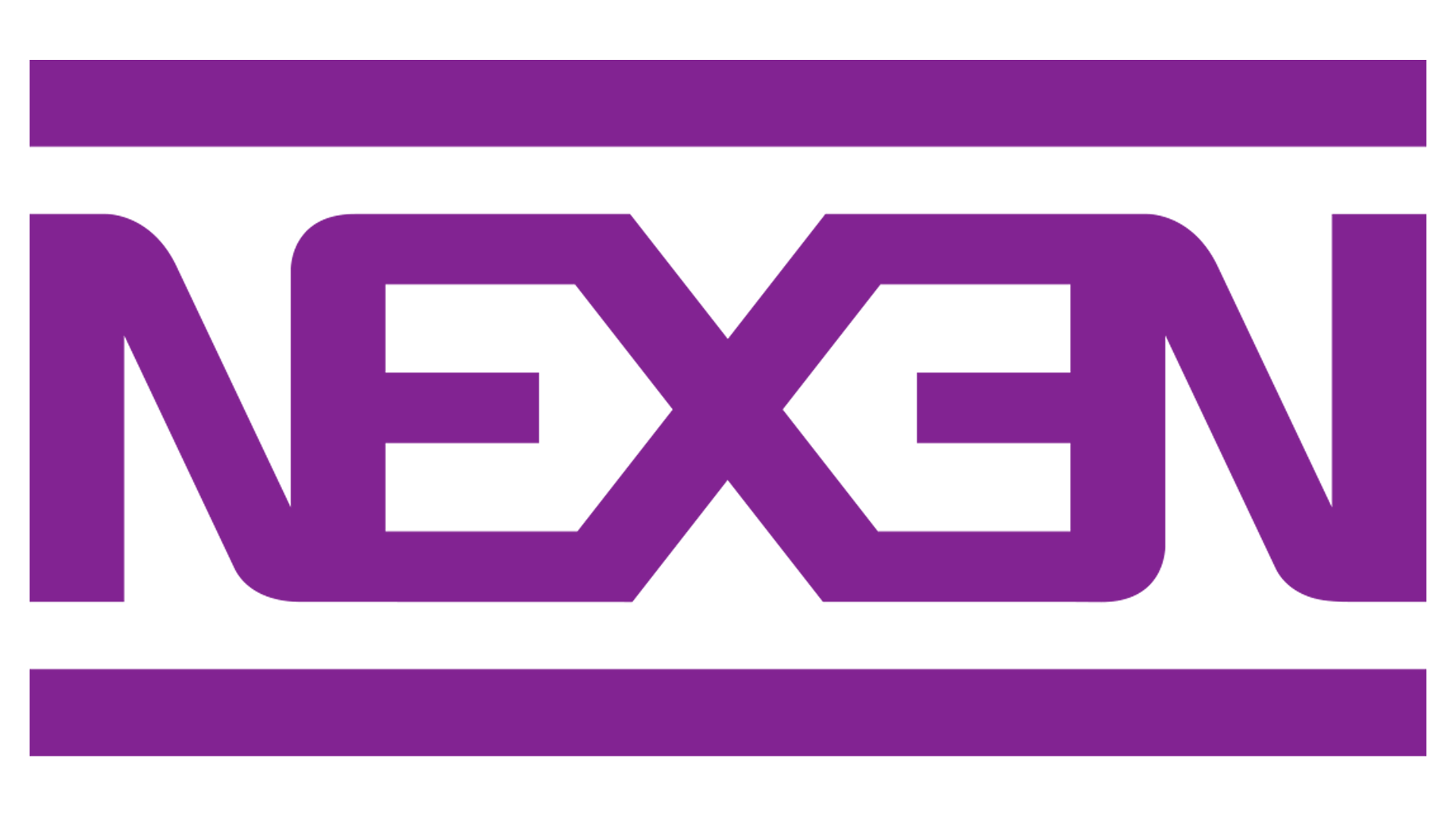 A purple and white logo for nexen on a white background.