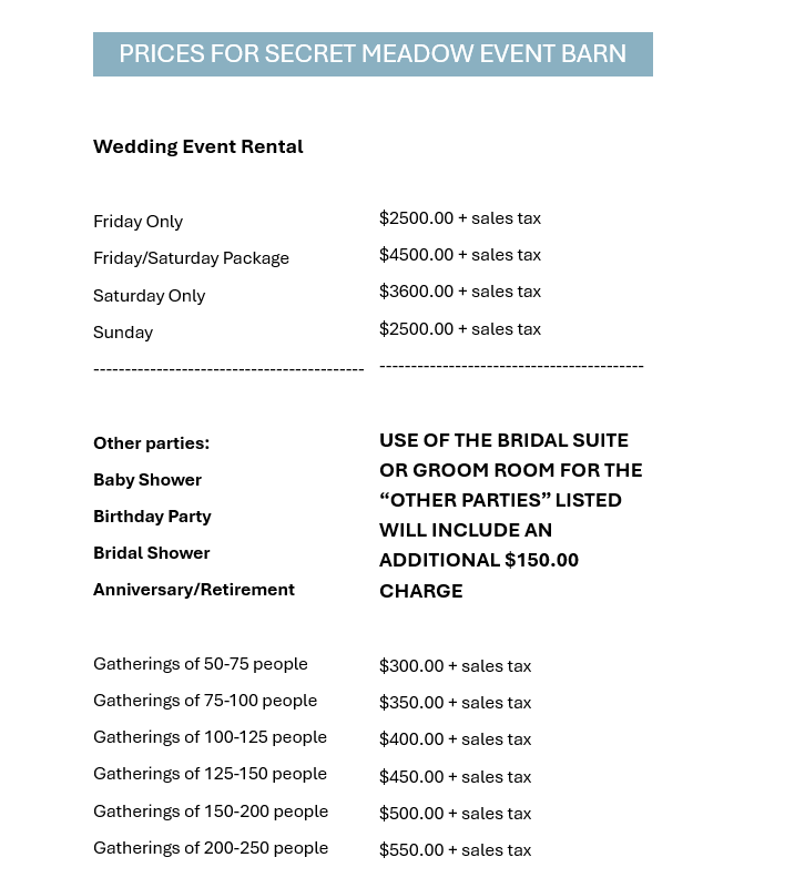 A wedding and reception pricing sheet for a wedding and reception. A wedding and reception pricing sheet for a wedding and reception.