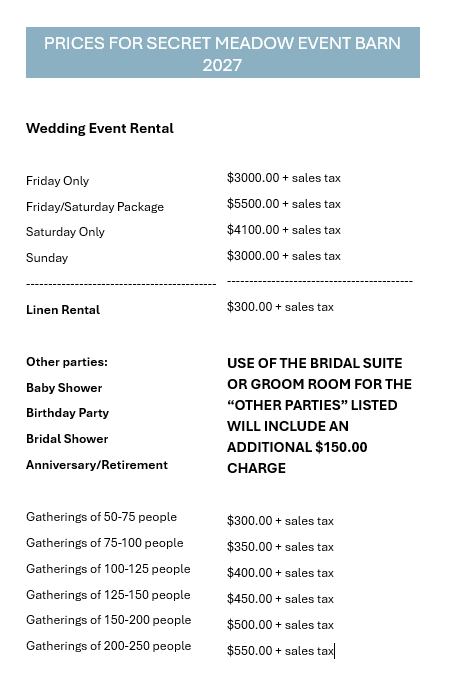 A wedding and reception pricing sheet for a wedding and reception. A wedding and reception pricing sheet for a wedding and reception.