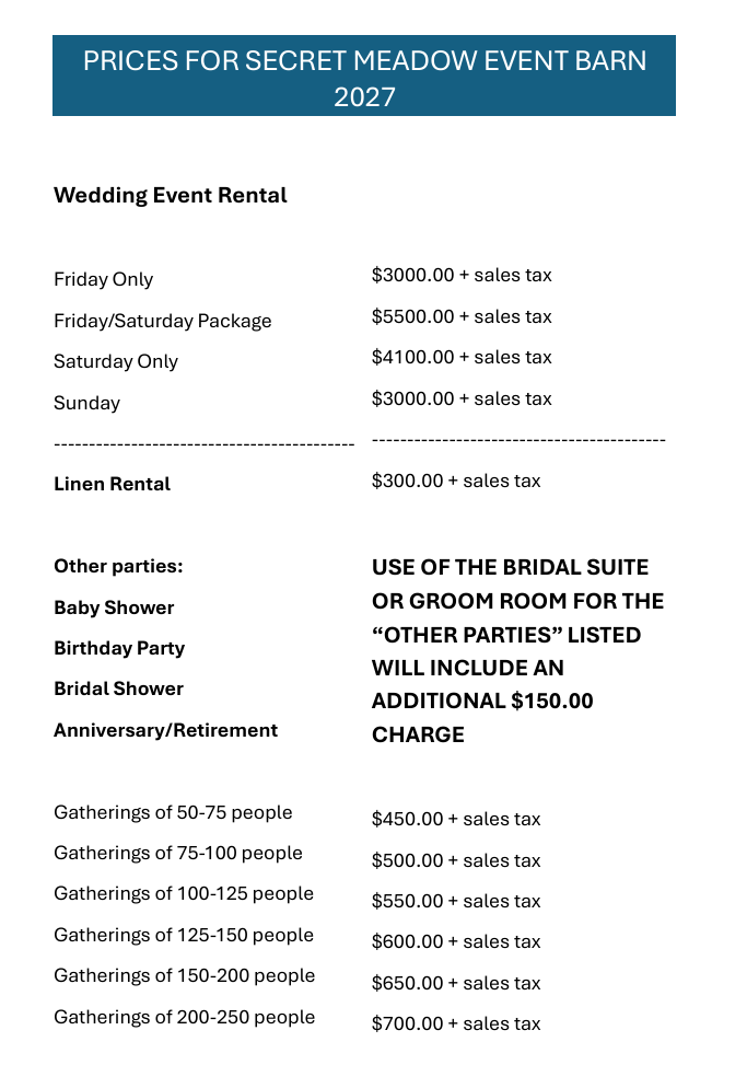 A wedding and reception pricing sheet for a wedding and reception. A wedding and reception pricing sheet for a wedding and reception.
