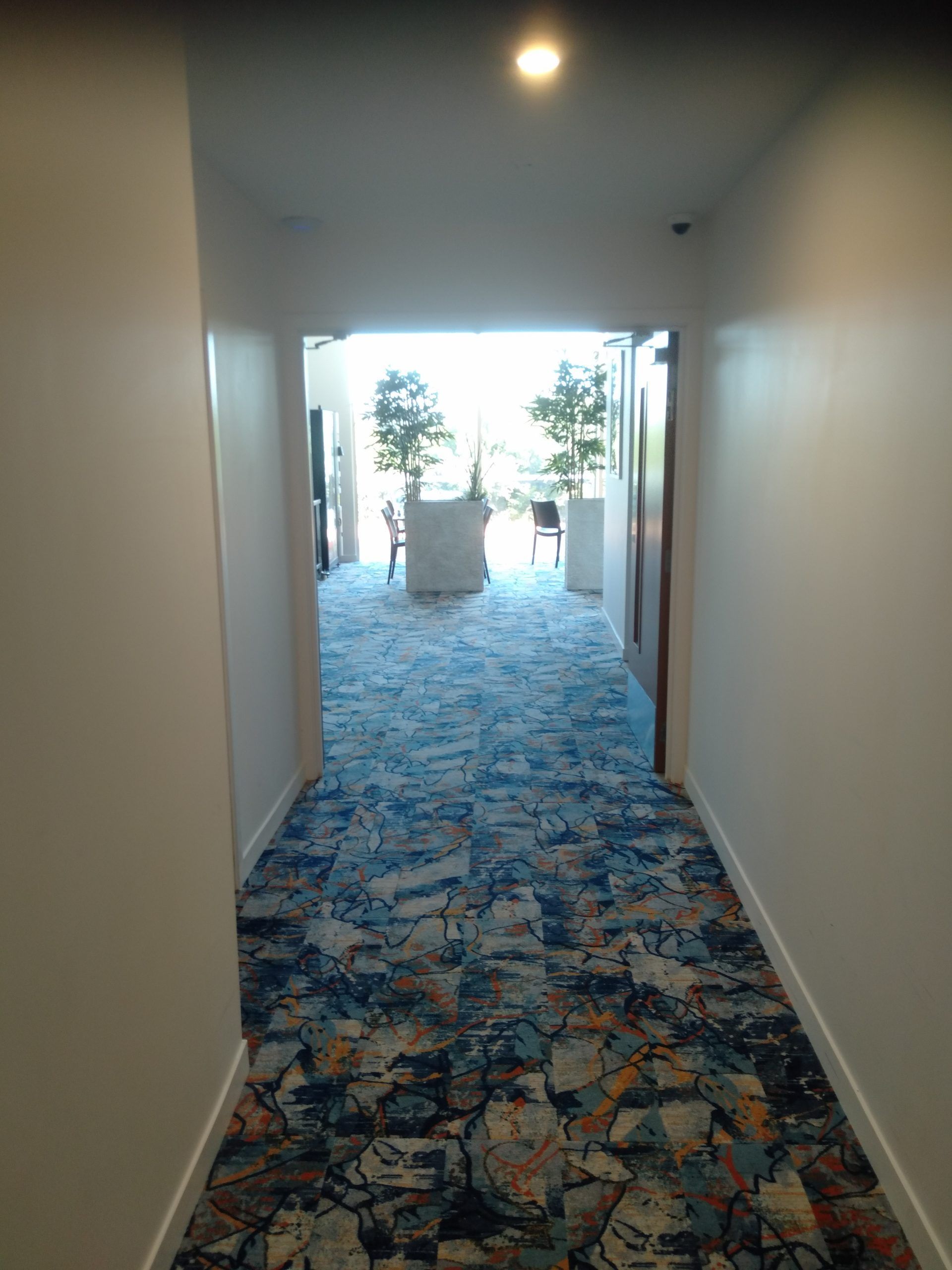 A long hallway with a colorful carpet and a window.