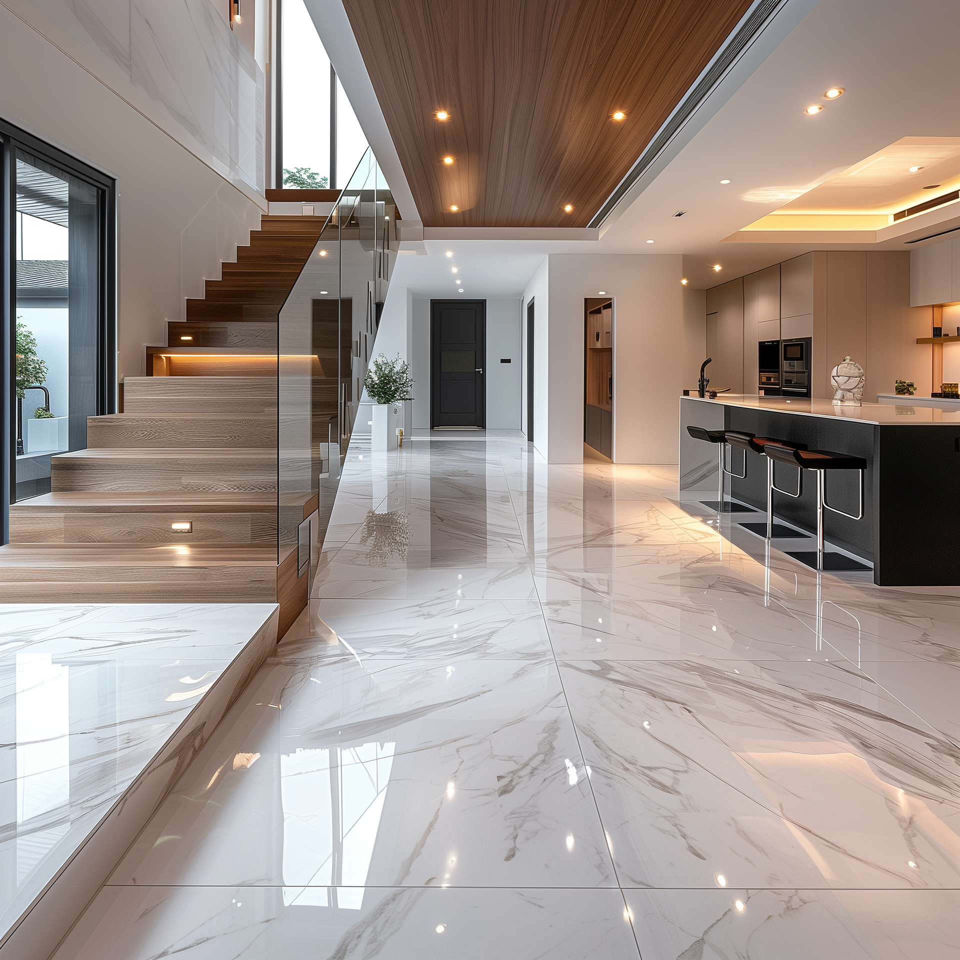 A kitchen with a staircase leading up to the second floor. Auckland Tilers