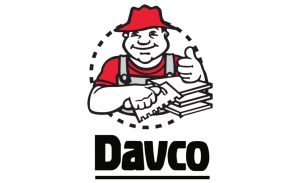A logo for davco with a man in a red hat giving a thumbs up