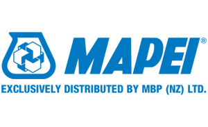 A blue and white logo for mapei exclusively distributed by mbp ( nz ) ltd.