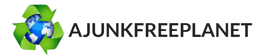 Recycling symbol with a globe, and the text "AJUNKFREEPLANET".