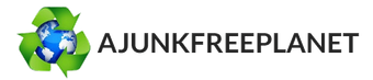 Recycling symbol with a globe, and the text "AJUNKFREEPLANET".