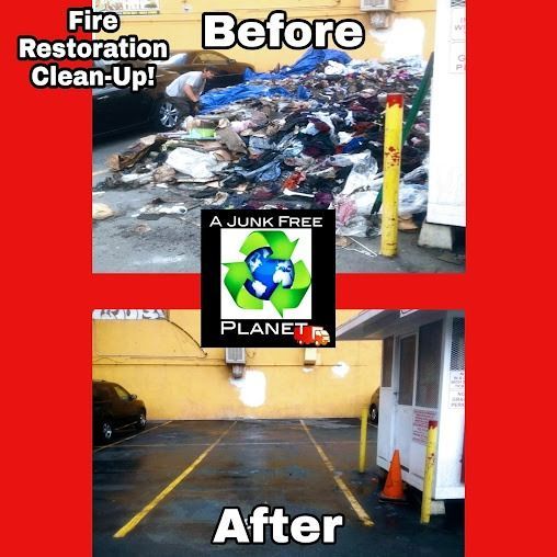 Before and after photos: a parking area filled with debris is cleaned up.