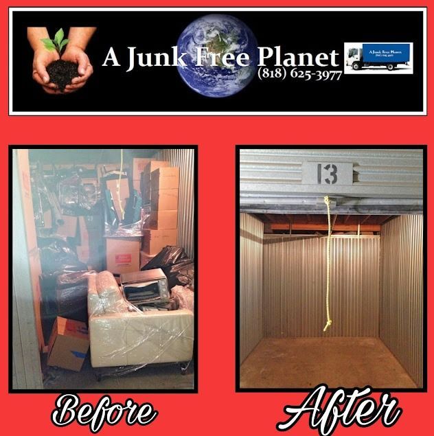 Before/after photos of a storage unit. Left: cluttered. Right: empty and clean. 