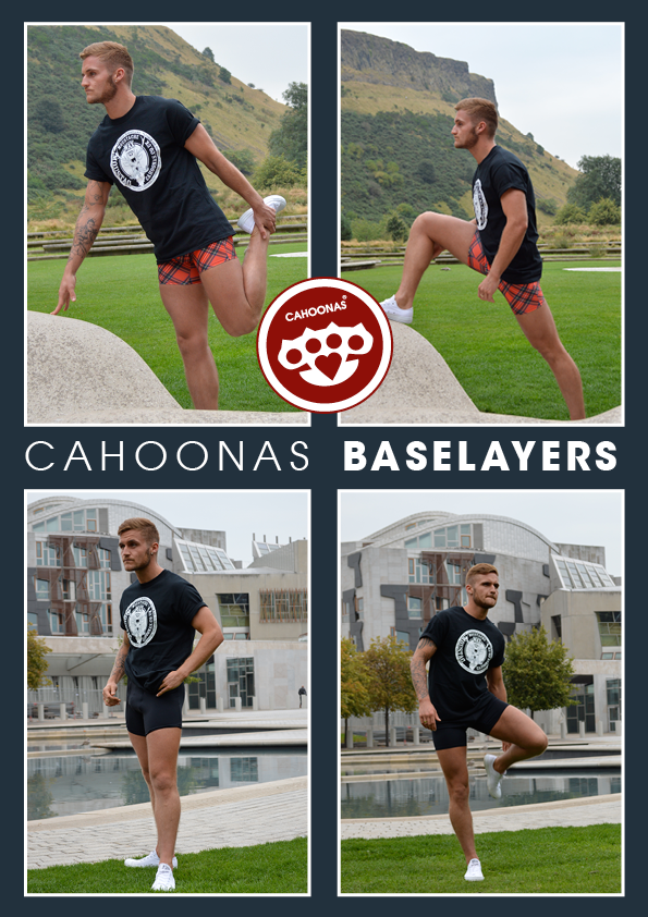 this image is split into 4 each smaller image shows an athletic young man stretching ready for a run. He wears microfibre tartan running pants and a black t shirt. He stands infront of the rocky landscape of the holyrood gardens in Edinburgh.