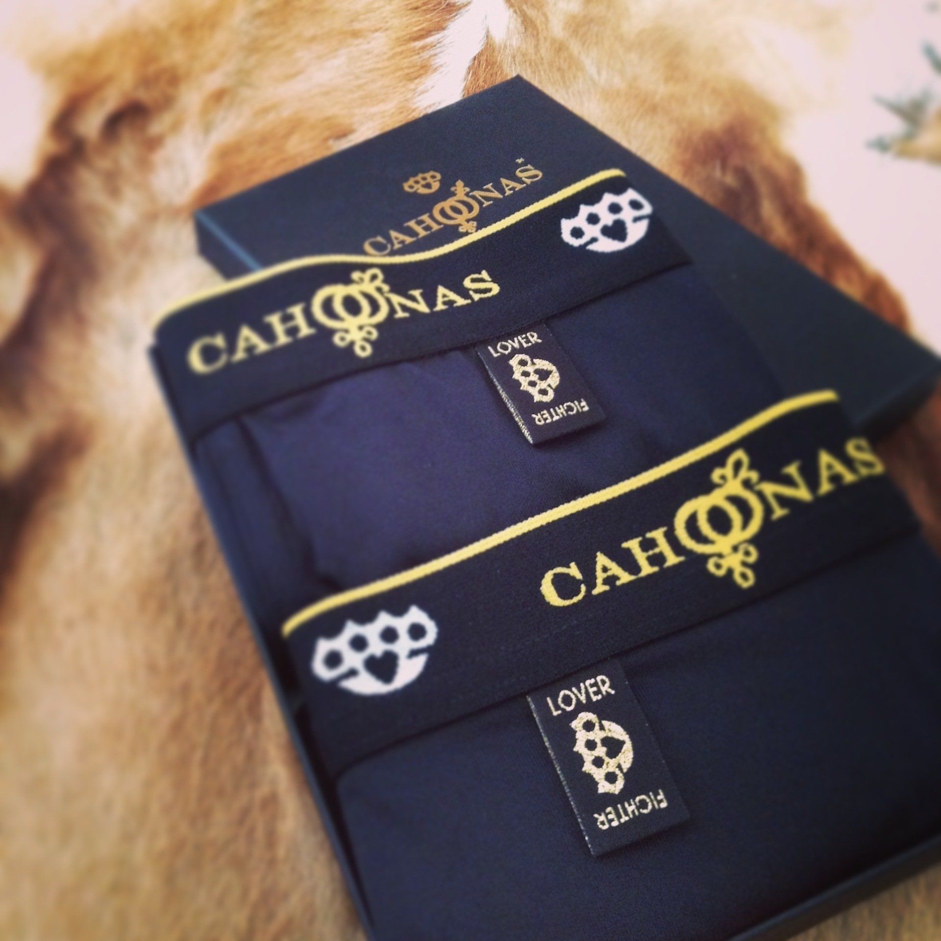 This image features a box of luxury black underwear  the label on the garment features a knuckle duster in golden thread with the words 