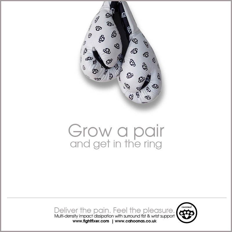 boxing gloves photographed in such a way as they reflect a pair of cahoonas (testicles) the essence being 'grow some balls' and start boxing.