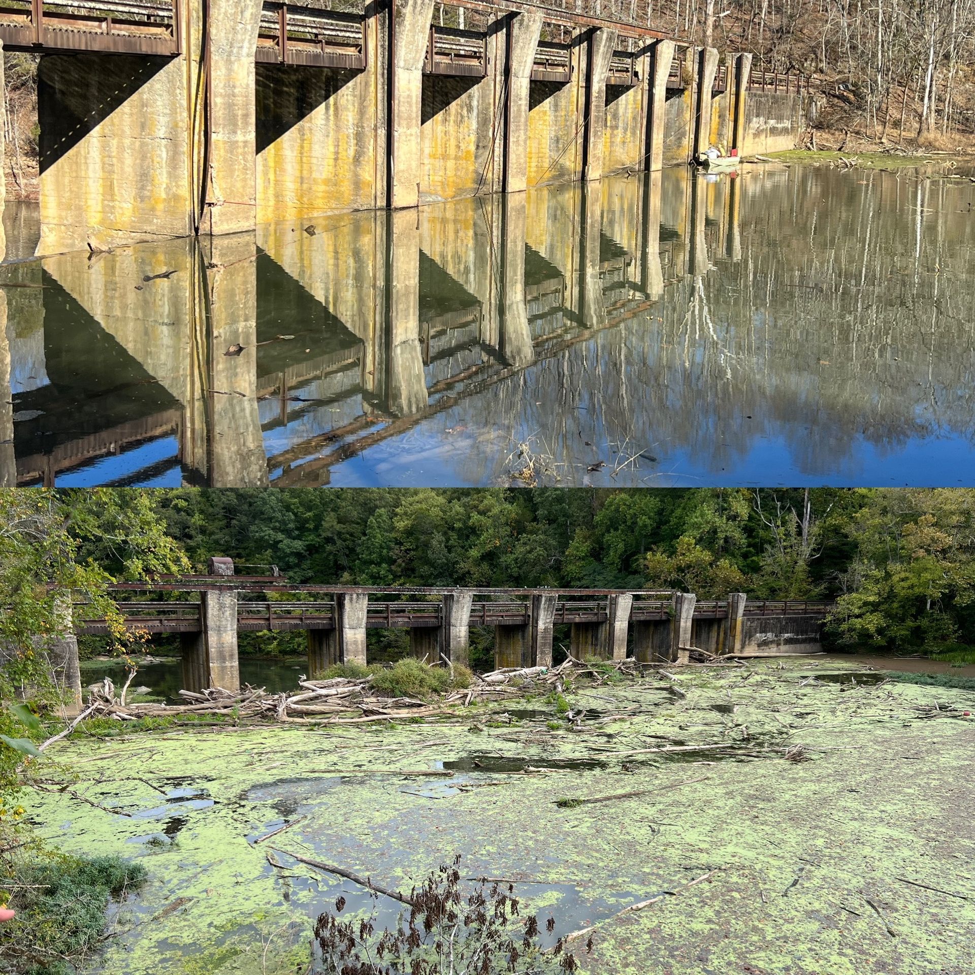 A before and after photo of a bridge over a body of water