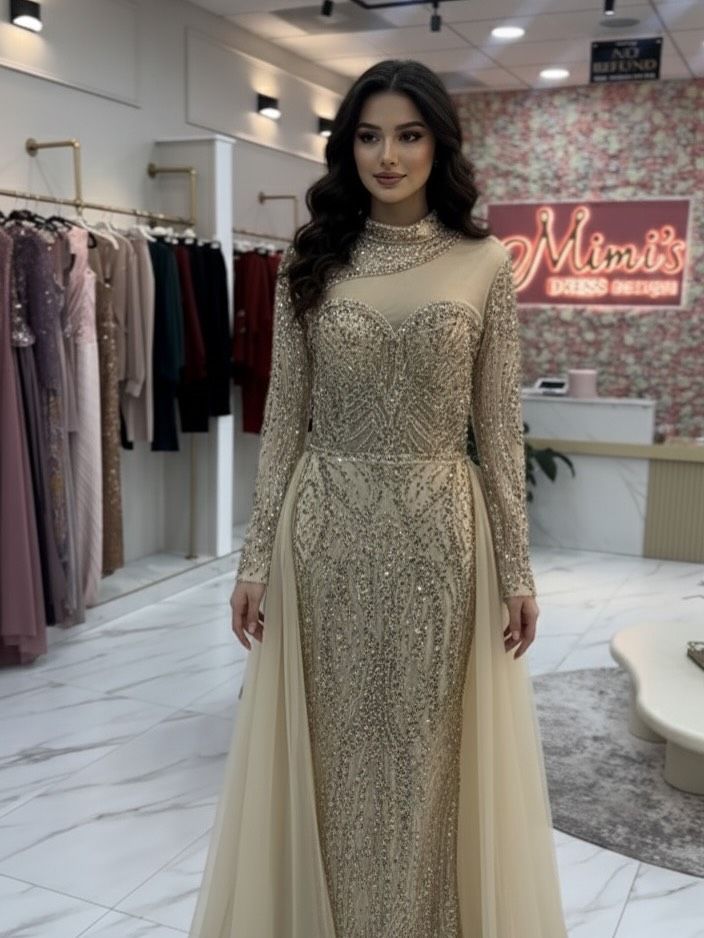 Woman in a teal dress and headscarf stands in front of a dark backdrop.