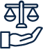 Scales of justice above an open hand icon in blue outline