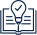 Open book with a checkmark lightbulb icon in dark blue outline