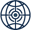 Abstract blue-and-white globe icon with a central target-like circle and radiating lines