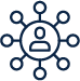Outlined network/group icon with a user silhouette in the center, connected to surrounding nodes.