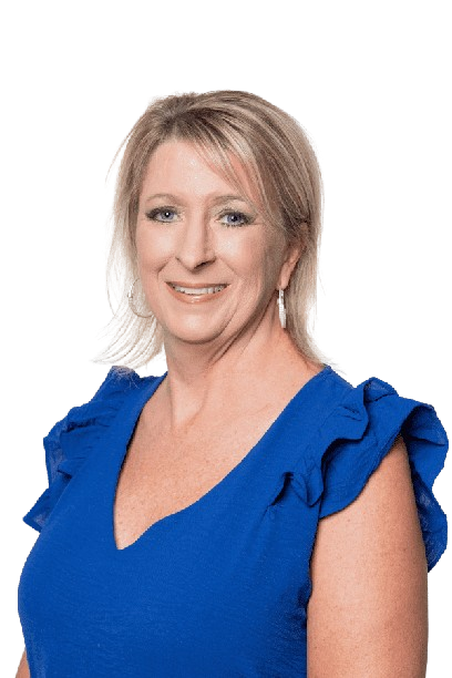 Smiling woman in a blue ruffled top against a white background
