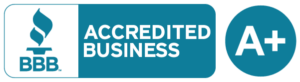 BBB Accredited Business badge with A+ rating in blue and white
