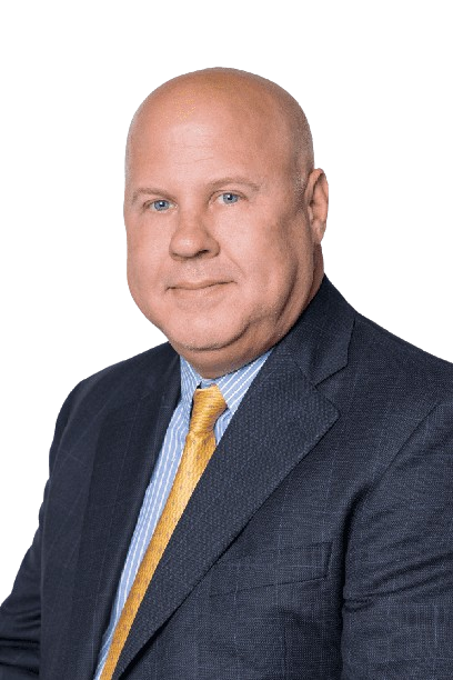 Headshot of a man in a navy suit and yellow tie against a white background