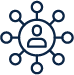 Outlined network/people icon with a central user symbol connected to six nodes.
