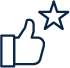 Outlined thumbs-up icon with a star outline in the upper right corner, on a white background