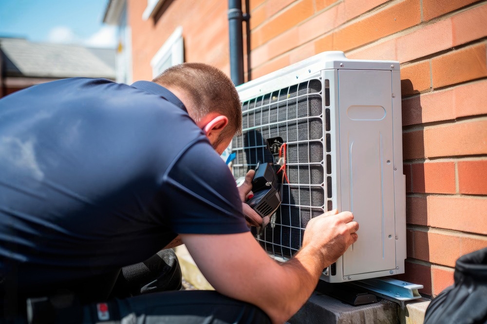 A man is working on an air conditioner outside of a brick building.