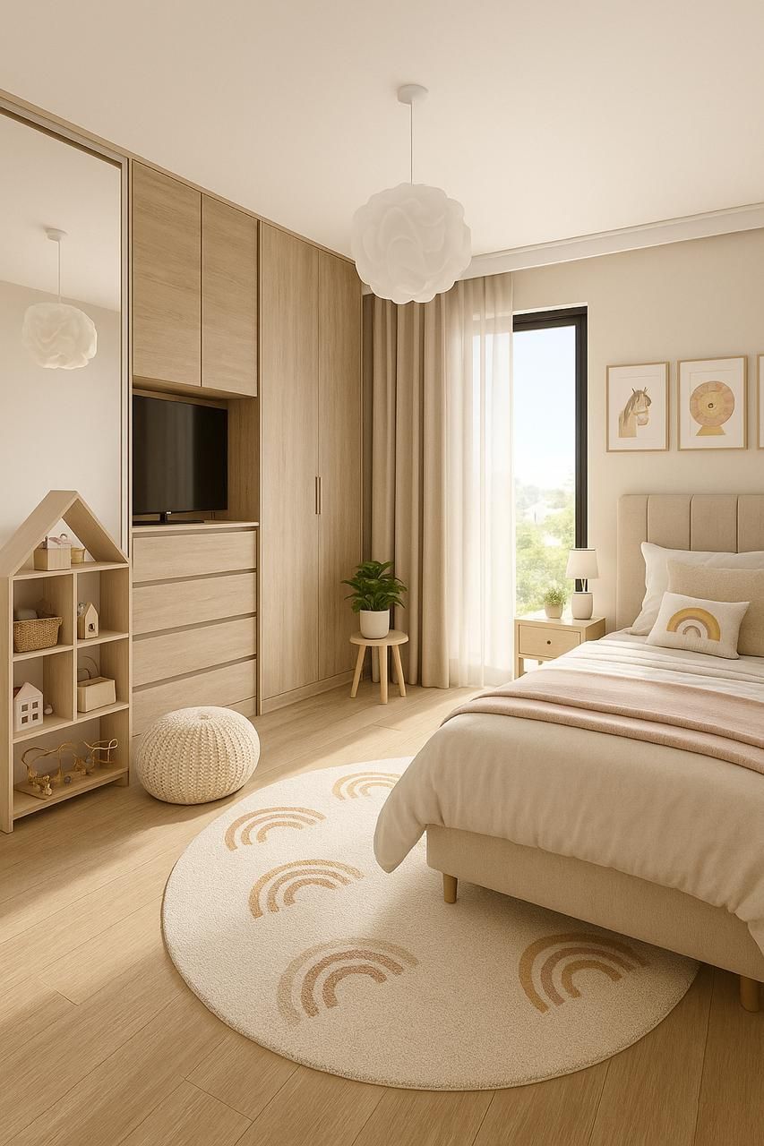 Un dormitorio en tonos neutros con cama, armario, alfombra con arcoíris y ventana.