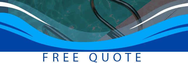 Blue banner displaying ‘Free Quote’ offer in front of a pool, with handrails.