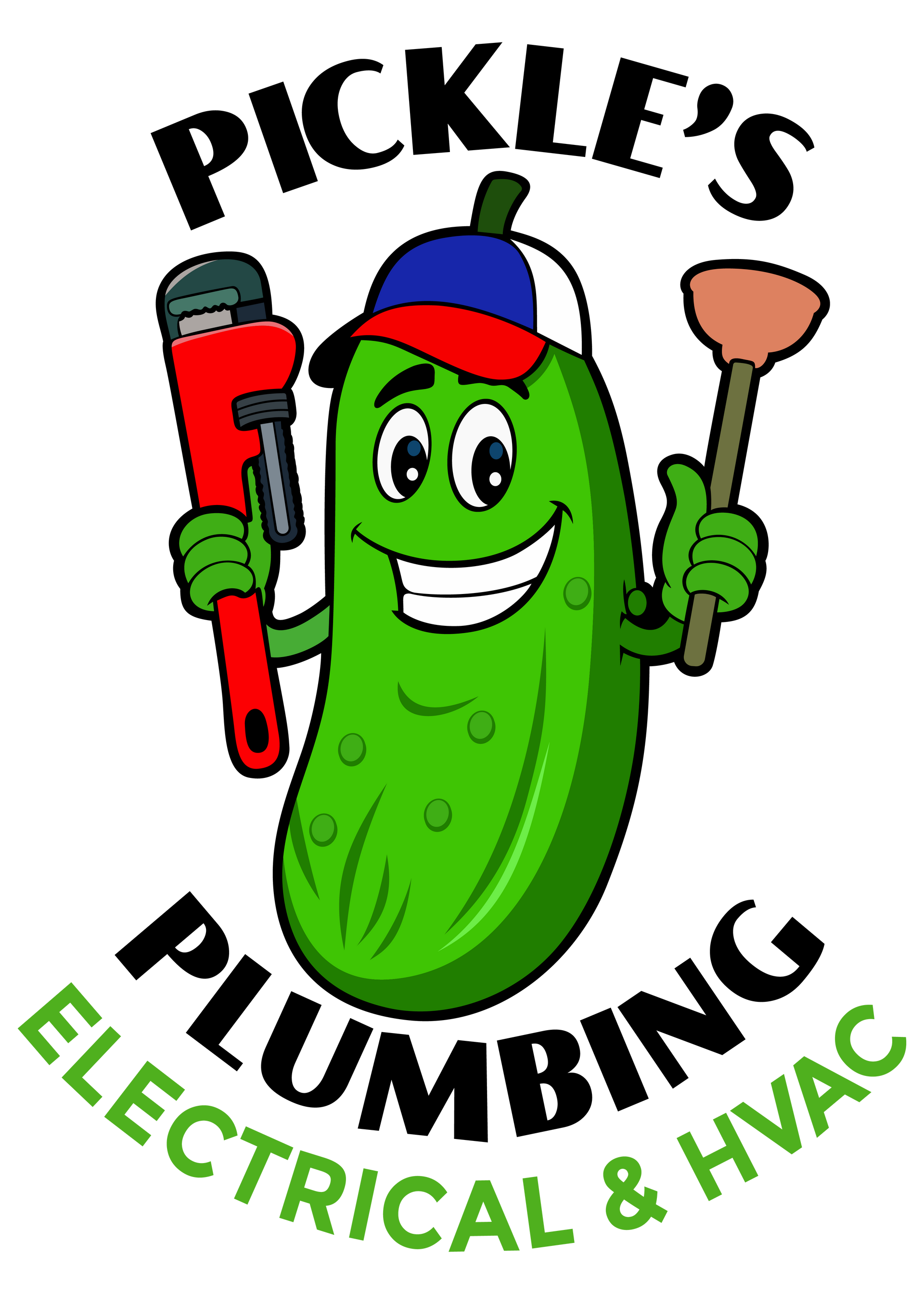 Pickle’s Plumbing, electrical & HVAC logo with smiling pickle mascot holding tools