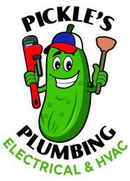 Pickle&rsquo;s Plumbing, electrical & HVAC logo with smiling pickle mascot holding tools