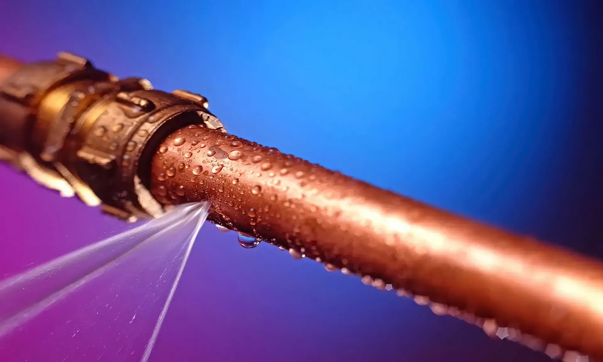 A close up of a copper pipe that is leaking water.