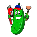 A cartoon pickle is holding a wrench and a plunger.
