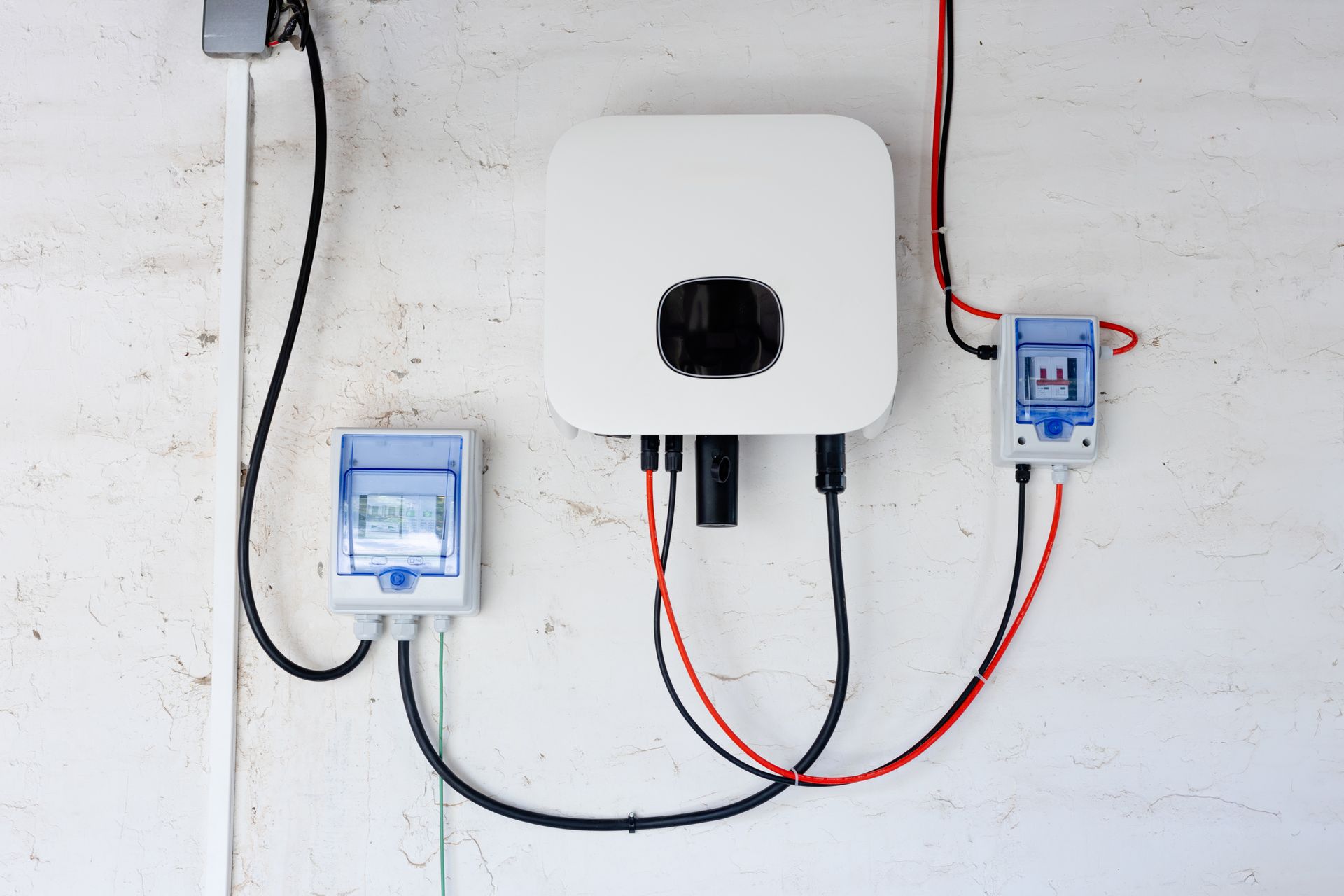 Electrical box with exposed wires, installed on wooden studs during construction.