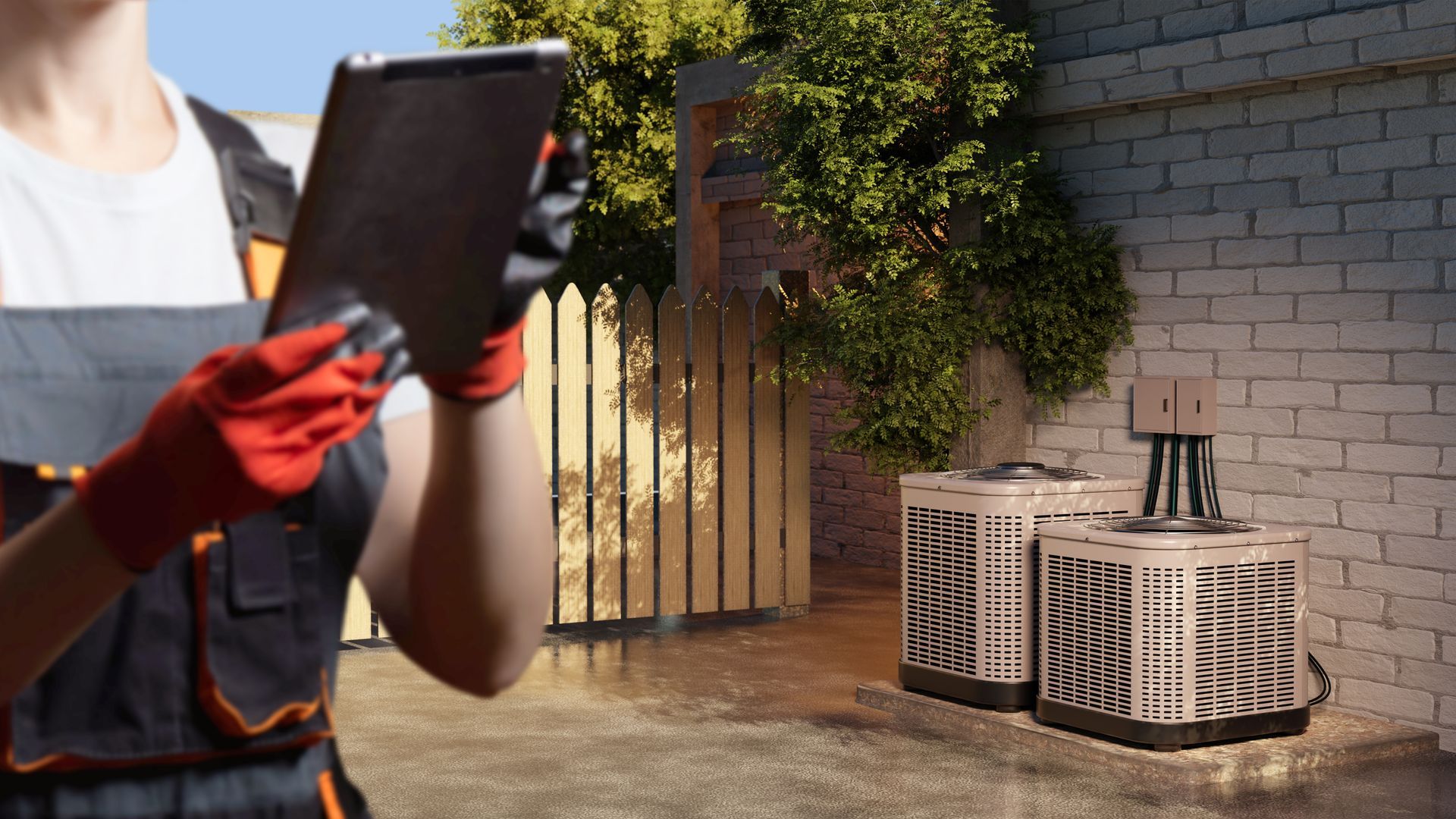 Technician in uniform and gloves checks a tablet while standing near two HVAC units in an outdoor residential setting.
