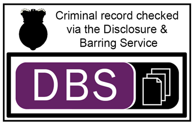 DBS check logo: Purple DBS text box, black outline, three document icons, and text