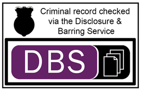 DBS check logo: Purple DBS text box, black outline, three document icons, and text 