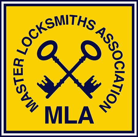 Master Locksmiths Association logo: crossed keys on yellow circle, text