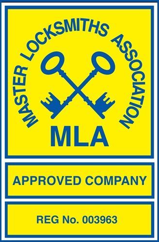 Master Locksmiths Association logo: Yellow background with crossed keys, blue text, and border.